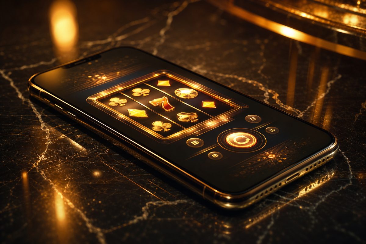 Smartphone mit Casino-Interface auf Marmor — Mobile Casino Österreich